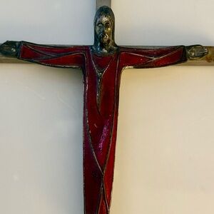 Antique Vintage Metal Cross Crucifix Jesus Red Enamel 10”x6”